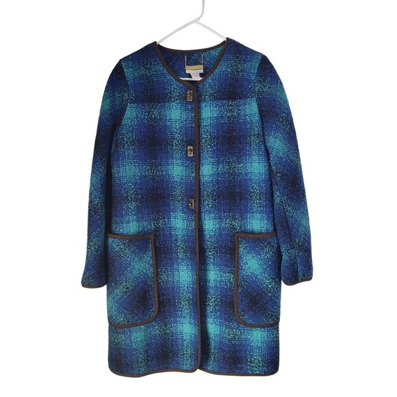 Soft Surroundings Jackets & Blazers - Soft Surroundings Womens M Blue Brown Tweed Plaid Coat Turn Lock Button Jacket